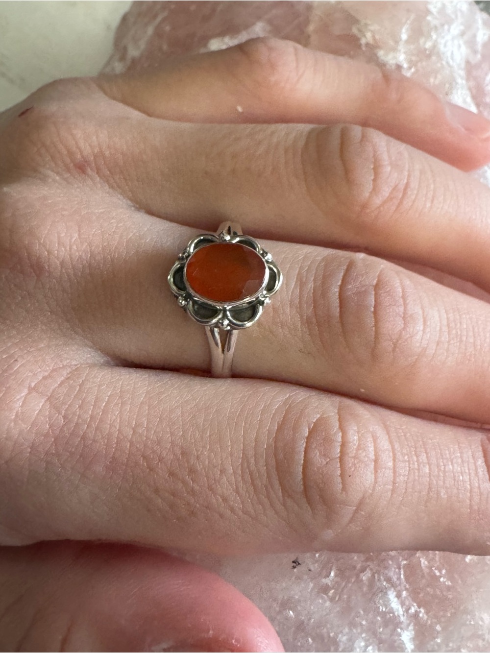 Carnelian Floral Shadow Box Sterling Silver Ring - Size 9